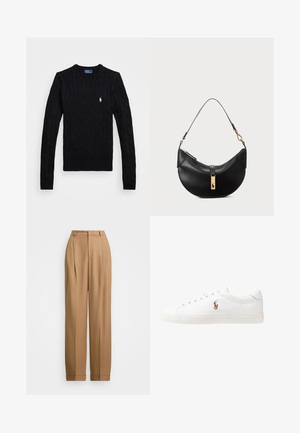 Μαύρο πλεκτό πουλόβερ με μακριά μανίκια, χαρακτηρισμένο από ribbed λαιμόκοψη και μανσέτες. Μικρή λογότυπη λεπτομέρεια σε λευκό στο αριστερό στήθος.; Μπεζ tailored παντελόνια με ψηλό μέση, πλισέ μπροστινό, κομμένο πόδι και γυρισμένα μανίκια. Λείο ύφασμα με εκλεπτυσμένη υφή.; Λευκά δερμάτινα sneakers, χαμηλού σχεδιασμού, με απαλή υφή, στρογγυλή μύτη, δέσιμο μπροστά και μικρό κεντημένο λογότυπο στο πλάι.; Μαύρη δερμάτινη τσάντα χειρός σε σχήμα μισού φεγγαριού. Διαθέτει χρυσή μεταλλική λεπτομέρεια και στενό λουρί. Απαλή υφή, κλείσιμο με φερμουάρ στην κορυφή.
