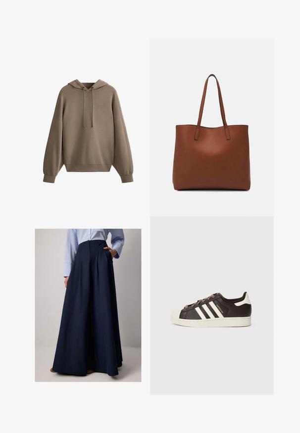 Hoodie marron en tissu doux, avec une capuche à cordon de serrage, des épaules tombantes, des détails côtelés sur les manches et une coupe décontractée.; Jupe longue marine avec plis, fabriquée en tissu léger, dotée de poches latérales et d'une taille haute. Texture lisse et drapé élégant.; Baskets basses Adidas Superstar en cuir marron foncé avec embout coquille crème, bandes blanches et texte "Superstar" sur le côté.; Sac fourre-tout en cuir marron avec une texture lisse, design à ouverture supérieure et deux poignées pour le porter à l'épaule. Présente des coutures minimales et aucun matériel visible.