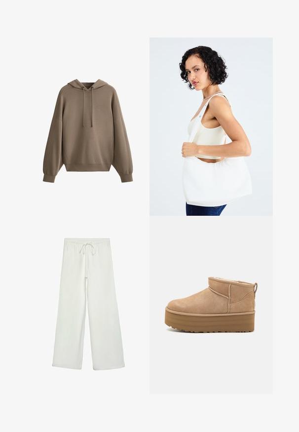 Hnedá mikina vyrobená z mäkkej tkaniny, s kapucňou na šnúrku, spadnutými ramenami, rebrovanými detailami na rukávoch a voľným strihom.; Biele nohavice s širokými nohavicami vyrobené z mäkkej tkaniny. Majú elastický pás s šnúrkou a hladký povrch. Žiadne viditeľné vzory ani kovania.; Béžové semišové členkové topánky s mäkkým interiérom, vybavené platformovou podrážkou a malým úchytom na zadnej strane pre jednoduché obúvanie. Textúrovaná gumová podrážka.; Biely ramenný vak vyrobený z hladkého materiálu, s oválnym výrezom a širokým popruhom. Jednoduchý a moderný, bez viditeľného kovania.
