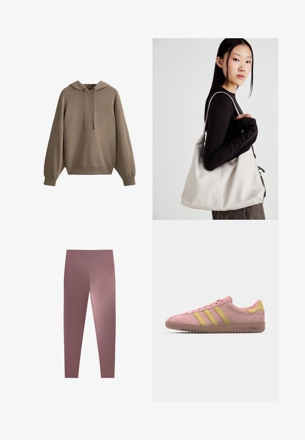 Smeđa hoodie od mekanog materijala, s kapuljačom na vezanje, spuštenim ramenima, rebrastim detaljima na rukavima i opuštenim fitom.; Hlače s visokim strukom, prilagođene tijelu, u prigušeno ljubičastoj boji, napravljene od glatkog, rastezljivog materijala. Bešavni dizajn bez vidljivih metalnih dijelova.; Roza ante sneaker s tri žute pruge, okrugli nos i teksturirana guma potplat. Nizak profil s jastučićem oko gležnja.; Bežna torba od mekog materijala s opuštenim dizajnom, šivanim detaljima i dva remena za rame. Pogodna za svakodnevnu upotrebu.