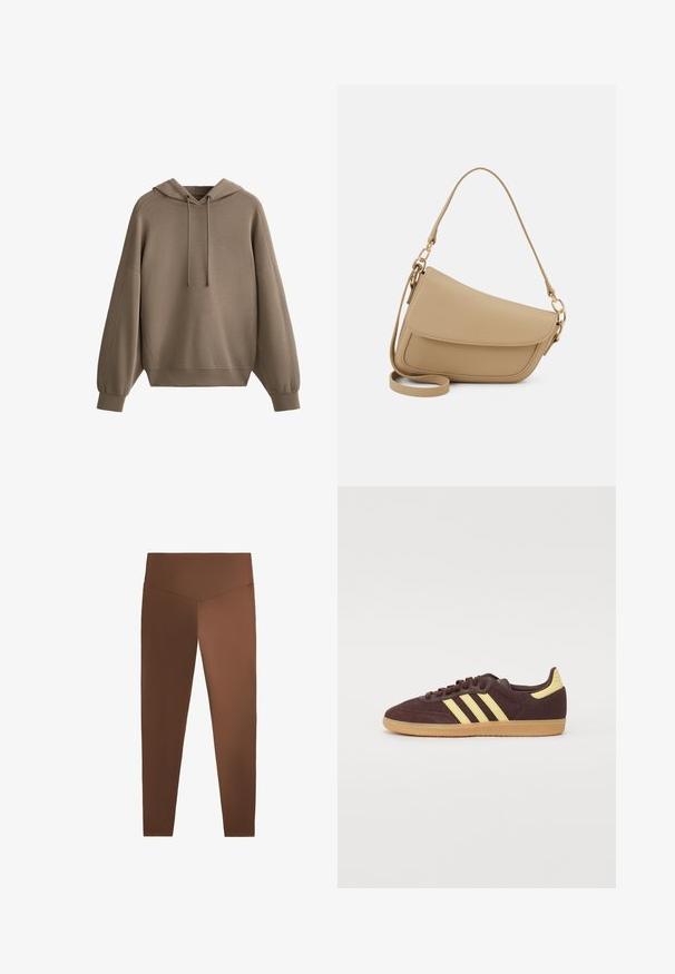 Hanorac maro dintr-un material moale, cu glugă reglabilă, umeri lăsați, detalii ribbate pe mâneci și o croială lejeră.; Leggings maronii cu o textură netedă, talie înaltă și picioare conice, realizate dintr-un material elastic. Fără modele sau hardware vizibil.; Adidași maro cu dungi galbene, având un upper texturat și o talpă din cauciuc contrastantă. Design cu șireturi, cu guler și limbă căptușite.; Even&Odd Geantă de mână - beige