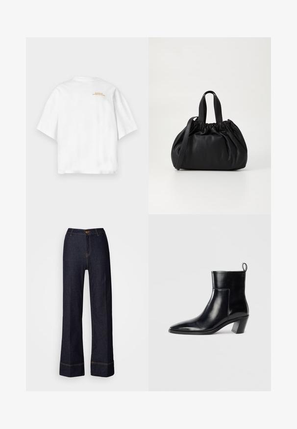 Heledad roosa sviit, millel on ümar kaelus ja langevad õlavarreosad. Esiküljel on valge kiri "BARBOUR INTERNATIONAL". Pehme riie.; Valge lühikeste varrukatega T-särk ümarate kaelustega. Ülaseljal on kullavärvi tekst "BARBOUR INTERNATIONAL". Sile puuvillane tekstuur.; Tumed denim laiadegipüksid kõrge vöökohaga, millel on esine nupuvajutus ja oranžad õmblused. Ühtlane tekstuur kogu ulatuses.; Must musta saapad terava nina, geomeetrilise kuuega ja tagaküljel tõmberaudaga. Sile tekstuur ja läikiv disain.; Mustmust mustkott mustrihmaga ülaosa disainiga, millel on kaks lühikest käepidet ja pikk reguleeritav rihm. Sile tekstuur, ümar kuju.