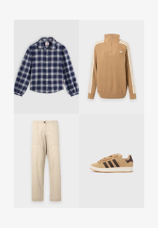 Pulôver castanho com costelas, colarinho alto e meio fecho, apresentando três riscas brancas ao longo das mangas e um pequeno logótipo no peito.; Camisa de manga longa xadrez em azul marinho e branco com fecho de botões, gola clássica e detalhes de punho franzido. Feita de tecido leve.; Calças de algodão bege com corte reto, apresentando bolsos frontais, fecho de botão e bainhas dobradas. Textura suave e design minimalista.; Sapatilhas de camurça castanha com três riscas castanhas escuras, sola branca e atacadores bege. Combinadas com calças listradas em teal e branco.