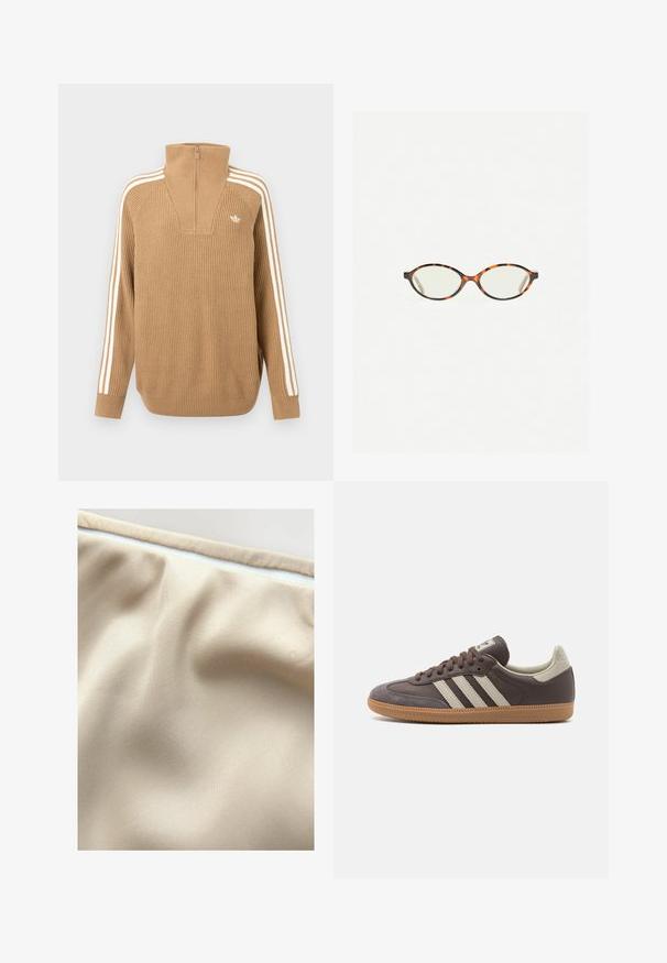 Rjav rebrast pulover z visokim ovratnikom in polno zadrgo, ki ima tri bele črte ob rokavih in majhen logotip na prsih.; Bežna tkanina z gladko teksturo, ki prikazuje subtilne gube in kontrastni bel zadrgo ob zgornjem robu.; Rjave usnjene teniske s tremi svetlimi črtami, gumijastim podplatom, zaobljenim prstom in teksturiranimi semiš detajli na peti in prstu.; Kornjačaste očala z ovalnimi lečami in gladko, sijočo površino. Imajo tanke stranice z rahlim ovinkom na templjih. Prosojne leče.