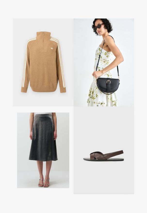 Maglione marrone a coste con colletto alto e mezza zip, con tre righe bianche lungo le maniche e un piccolo logo sul petto.; Una gonna in satin grigio, a lunghezza ginocchio, con una consistenza liscia, caratterizzata da una leggera lucentezza e una silhouette svasata, completata da una cintura semplice.; Sandalo in pelle marrone con design a cinghia incrociata, suola nera piatta e cinturino posteriore regolabile. Texture liscia e dettagli hardware minimi.; Borsa a tracolla nera in pelle con una forma curva, manico rimovibile e accessori dorati. La borsa presenta una patta con un dettaglio a fibbia.