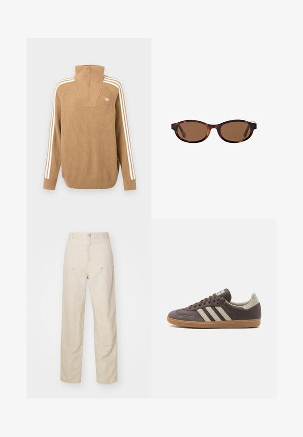Brun ribbet sweater med høj krave og lynlås halvvejs, dækket af tre hvide striber langs ærmerne og et lille logo på brystet.; Beige linnedbukser med en afslappet pasform, der har sidelommer og dekorative stiksømdetaljer, sømløs talje og lige ben.; Brun lædersneaker med tre lyse striber, gummisål, rund tå og teksturerede ruskindsdetaljer på hælen og tåen.; Brune-tintede solbriller med ovale rammer, der har et skildpaddemønster og brede arme. Glat overflade og diskret brandingdetalje på siden.