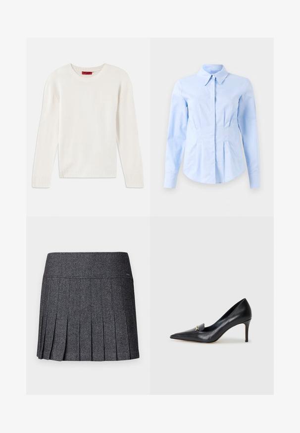 Krémový pletený sveter s dlhým rukávom, okrúhlym výstrihom a rebrovanými manžetami a lemom, položený na bielom pozadí.; Svetlo modrá priliehavá košeľa s dlhým rukávom, so špicatým golierom a skrytými prednými gombíkmi, prispôsobeným pásom a gombičkovými manžetami.; Plisovaná sukňa z tmavosivého materiálu s cikcak vzorom. Má hladký pás a rovný lem, čo jej dodáva uhladený vzhľad.; Čierne kožené lodičky s špicatou špičkou, nízkym vampom a dekoratívnym zlatým akcentom. Majú podpätok typu stiletto a hladký povrch.