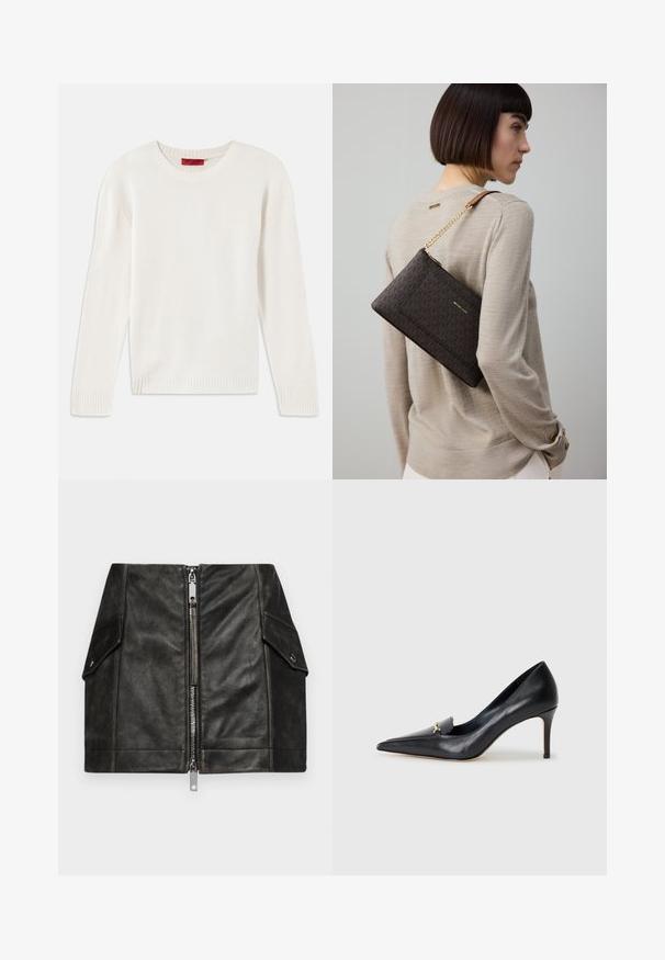 Suéter de malha de manga longa na cor creme, com gola redonda e punhos e barra canelados, disposto em plano sobre um fundo branco.; Camisa ajustada de manga longa azul clara com colarinho pontiagudo e botões frontais ocultos, cintura ajustada e punhos com botões.; Saia mini de couro preto com um fecho éclair frontal, dois bolsos laterais e uma textura suave. Apresenta costuras reforçadas e um design estruturado.; Sapatilha de couro preto com bico fino, vamp baixo e um detalhe decorativo em ouro. Apresenta um salto agulha e uma textura suave.; Clutch castanha com padrão, ferragens douradas e alça de corrente, usada ao ombro sobre um suéter bege, com tecido texturizado.