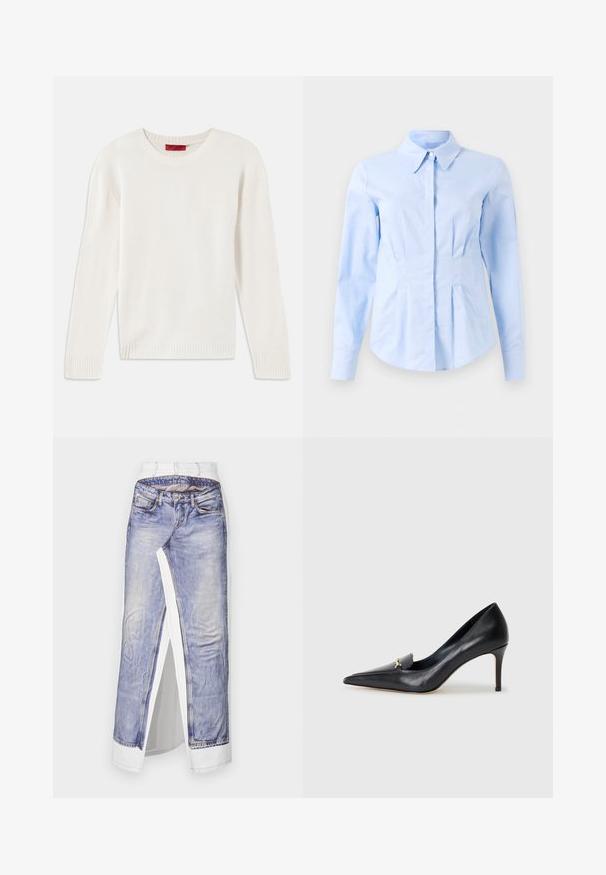 Cremefarvet langærmet strikket sweater med rund hals og ribbede manchetter og kant, lagt fladt på en hvid baggrund.; Lyseblå langærmet fitted skjorte med spidse kraver og skjulte frontknapper, skræddersyet talje og knaplukninger ved håndleddene.; Denim nederdel med et fotografisk print af jeans på hvidt stof. Har standard talje, sideslids og detaljeret syning på lommerne.; Sorte læderpumps med spids tå, lav udskæring og dekorativ guldaccent. Har en stiletthæl og glat tekstur.