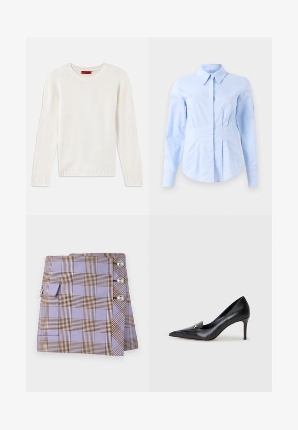 Suéter de malha de manga longa na cor creme, com gola redonda e punhos e barra canelados, disposto em plano sobre um fundo branco.; Camisa ajustada de manga longa azul clara com colarinho pontiagudo e botões frontais ocultos, cintura ajustada e punhos com botões.; Rabanne Minissaia - purple/orange/cream/blue; Sapatilha de couro preto com bico fino, vamp baixo e um detalhe decorativo em ouro. Apresenta um salto agulha e uma textura suave.