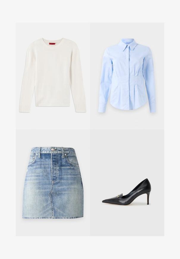 Tej bézs színű, hosszú ujjú kötött pulóver, kerek nyakkal, bordázott mandzsettával és aljjal, fehér háttéren kifektetve.; Világoskék, hosszú ujjú, fitted ing, hegyes gallérral és rejtett elől gombokkal, szabott derékkal és gombos mandzsettával.; Világoskék farmer mini szoknya magas derékkal, befejezett szegéllyel, elülső zsebekkel és fémből készült gombos zárással. A fakó mosás részlete textúrát ad.; Fekete bőr magassarkú cipő hegyes orral, alacsony dekoltázzsal és díszes arany részlettel. Stiletto sarokkal és sima felülettel rendelkezik.