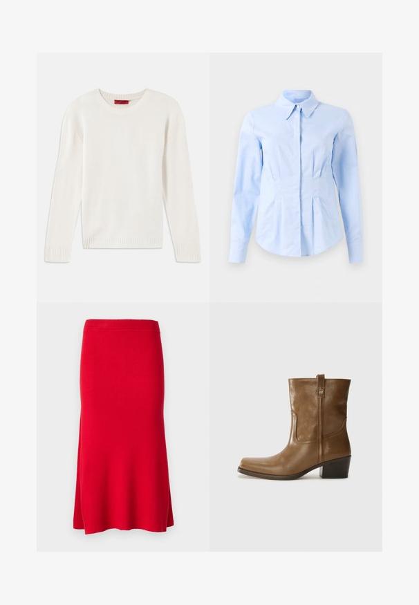 Kremna dolgoročna pletena jopica z okroglo ovratnikom ter rebrastimi manšetami in robom, razporejena na beli podlagi.; Svetlo modra dolgosleeve prilegajoča srajca s koničastim ovratnikom in skritimi sprednjimi gumbi, prilagojena v pasu in z gumbi na manšeti.; Rdeča rebrasta pletena krila z oprijetim pasom in širokim robom. Gladka tekstura z mehkimi videzom. Brez vidnih vzorcev ali dodatkov.; Rjave usnjene gležnjarje s kvadratnim nosom, teksturirano površino in nizko kvadratno peto. Imajo zadnji trak za enostavno obuvanje in subtilne šivane detajle.