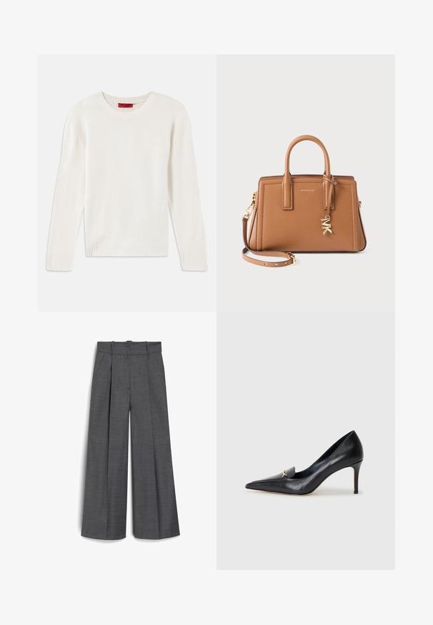 Cremefarvet langærmet strikket sweater med rund hals og ribbede manchetter og kant, lagt fladt på en hvid baggrund.; Lyseblå langærmet fitted skjorte med spidse kraver og skjulte frontknapper, skræddersyet talje og knaplukninger ved håndleddene.; Grå brede bukser lavet af tekstureret stof, med en høj talje, to frontfolder og en løs pasform.; Sorte læderpumps med spids tå, lav udskæring og dekorativ guldaccent. Har en stiletthæl og glat tekstur.; Brun læderhåndtaske med dobbelte håndtag, aftagelig rem, guldfarvet "MK" charme og Michael Kors-logo foran.