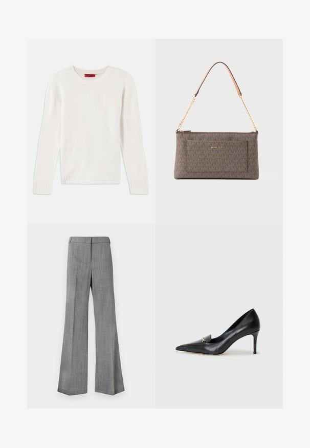 Kreminės spalvos ilgomis rankovėmis megztinis su apvaliu kaklu, su raukšlėmis ant rankovių ir apačios, padėtas ant balto fono.; Šviesiai mėlyna ilgam rankovėms pritaikyta marška su smailiu apykakle ir paslėptais priekiniais mygtukais, pritaikyta liemeniui ir mygtukinėmis rankovėmis.; Pilki plačių kojų kelnių pagamintų iš tekstūruoto audinio, su lygiu juosmeniu ir subtiliu dryželiu.; Juodas odinis aukštakulnis batelis su smailiu pirštu, žemu iškirpimu ir dekoratyviu auksiniu akcentu. Yra stiletto kulnas ir glotnus paviršius.; Rudas stačiakampis Michael Kors krepšys su pasikartojančiu logotipo raštu, auksinės grandinės dirželis su odiniu peties pagalviu ir priekinė kišenė su prekės ženklu.