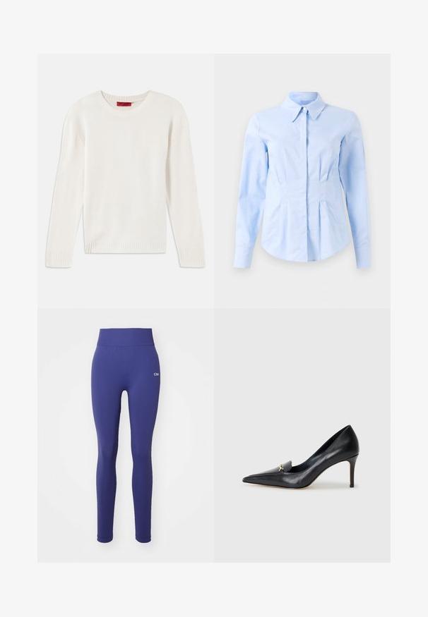 Kreemivalge pika varrukaga kudumispull, ringkaelusega, soonikkoes mansettide ja hemiga, asetatud tasasele valgele taustale.; Hele sinine pika varrukaga sobiv särk, millel on terav krae ja varjatud eesnupud, kohandatud talje ja nööbitavad varrukad.; Tume sinised leggings, mis on valmistatud venivast materjalist, omavad laia vöökohta, sujuvat tekstuuri ja diskreetset logo detaili puusal.; Mustmust musta kinga terava nina, madala lõikega vamp ja dekoratiivne kuldne aksessuaar. Omab stilettokandikut ja sileda tekstuuri.