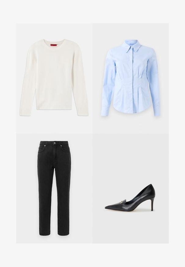 Kreminės spalvos ilgomis rankovėmis megztinis su apvaliu kaklu, su raukšlėmis ant rankovių ir apačios, padėtas ant balto fono.; Šviesiai mėlyna ilgam rankovėms pritaikyta marška su smailiu apykakle ir paslėptais priekiniais mygtukais, pritaikyta liemeniui ir mygtukinėmis rankovėmis.; Juodi džinsai su tiesia kojų forma, standartiniu penkių kišenių dizainu ir mygtuko uždarymu. Yra subtilių siuvimo detalių.; Juodas odinis aukštakulnis batelis su smailiu pirštu, žemu iškirpimu ir dekoratyviu auksiniu akcentu. Yra stiletto kulnas ir glotnus paviršius.