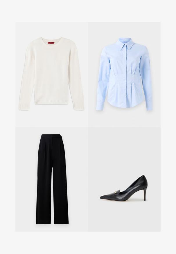 Kreemivalge pika varrukaga kudumispull, ringkaelusega, soonikkoes mansettide ja hemiga, asetatud tasasele valgele taustale.; Hele sinine pika varrukaga sobiv särk, millel on terav krae ja varjatud eesnupud, kohandatud talje ja nööbitavad varrukad.; Mustad laiad püksid pehmest kangast, kõrge vöökoha ja vastava sidumisvööga, sileda tekstuuriga ja ilma nähtavate mustriteta.; Mustmust musta kinga terava nina, madala lõikega vamp ja dekoratiivne kuldne aksessuaar. Omab stilettokandikut ja sileda tekstuuri.