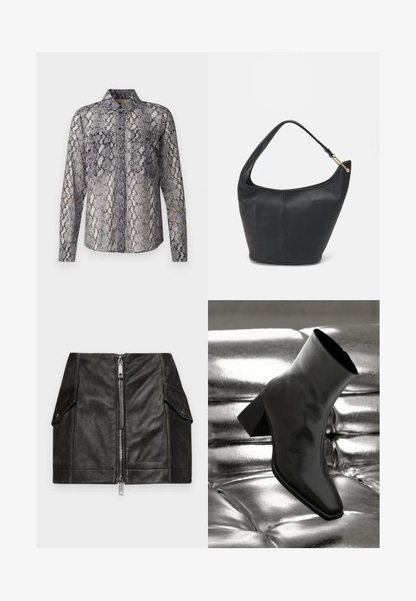 Maglione a maniche lunghe color crema in maglia con collo rotondo e polsini e orlo a costine, steso su uno sfondo bianco.; Camicia a maniche lunghe con bottoni in un motivo serpente, caratterizzata da sfumature di grigio e nero su un tessuto traslucido con colletto a punta.; Gonna mini in pelle nera con zip frontale, due tasche laterali e una texture liscia. Presenta cuciture rinforzate e un design strutturato.; Stivale alla caviglia nero realizzato in materiale lucido con punta quadrata e tacco affusolato, posizionato su uno sfondo argentato lucido con imbottiture a sfera.; Borsa a tracolla in pelle nera con forma arrotondata, una tracolla ampia e una finitura testurizzata. Presenta un dettaglio di cucitura discreto e un dettaglio in metallo dorato.