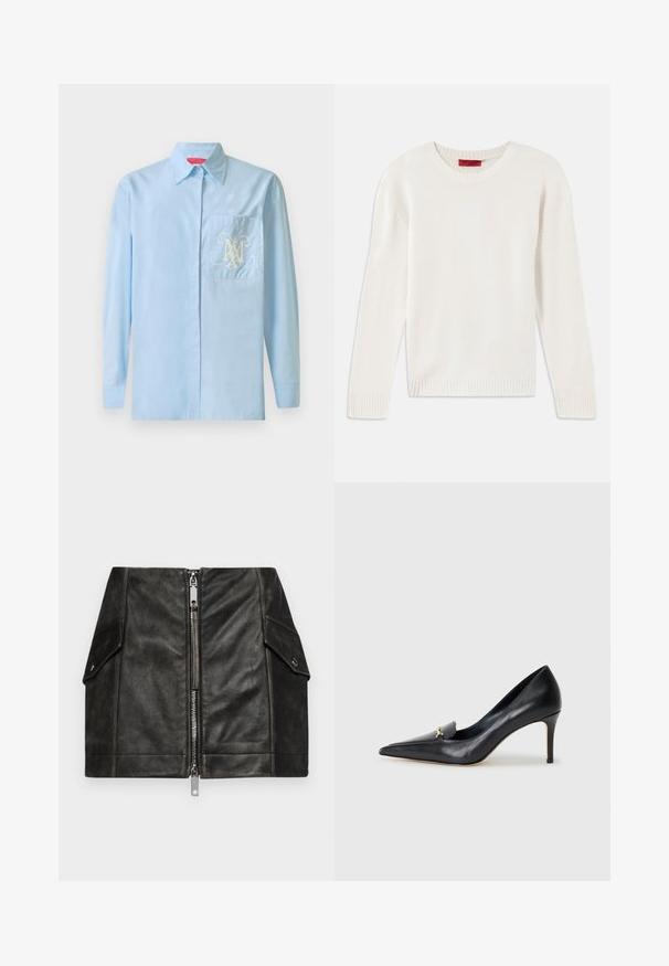 Kremna dolgoročna pletena jopica z okroglo ovratnikom ter rebrastimi manšetami in robom, razporejena na beli podlagi.; Svietlo modrá košeľa s dlhým rukávom, s volným zapínaním, klasickým golierom a vreckom na ľavej strane hrude, zdobeným zložitým bielym logom.; Črna usnjena mini krilo s sprednjim zadrgo, dvema stranskima žepoma in gladko teksturo. Ima ojačane šive in strukturirano zasnovo.; Črne usnjene pumpe s špicastim nosom, nizkim vampom in dekorativnim zlatim akcentom. Imajo stiletto peto in gladko teksturo.