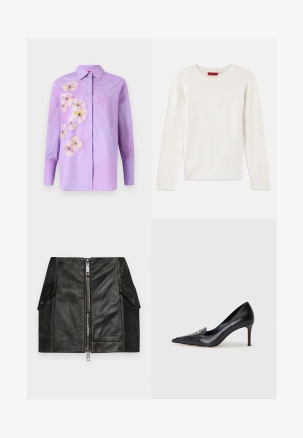 Cremfarbener langärmliger Strickpullover mit Rundhalsausschnitt und gerippten Bündchen und Saum, flach auf einem weißen Hintergrund ausgelegt.; Lila Hemd mit Knopfleiste, das über ein Blumenmuster in sanften Farbtönen verfügt. Mit einer einzelnen Brusttasche und langen Ärmeln. Aus glattem Baumwollstoff.; Schwarzer Leder-Minirock mit einem Reißverschluss vorne, zwei seitlichen Taschen und einer glatten Textur. Verfügt über verstärkte Nähte und ein strukturiertes Design.; Schwarzer Lederpumps mit spitzer Zehe, niedrigem Vamp und dekorativem goldenen Akzent. Verfügt über einen Stiletto-Absatz und eine glatte Textur.