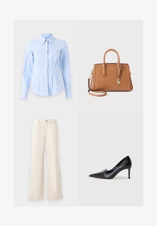 Pull en tricot à manches longues de couleur crème, avec col rond et poignets et ourlet côtelés, posé à plat sur un fond blanc.; Chemise ajustée à manches longues de couleur bleu clair avec un col pointu et des boutons avant dissimulés, taille cintrée et poignets à boutons.; Pantalons larges beiges en coton avec une texture lisse. Comprend une fermeture à bouton, des poches avant et un design de taille classique.; Escarpin en cuir noir avec un bout pointu, un décolleté bas et un ornement doré décoratif. Doté d'un talon aiguille et d'une texture lisse.; Sac à main en cuir marron avec doubles poignées, bandoulière amovible, charme en métal doré "MK" et logo Michael Kors à l'avant.