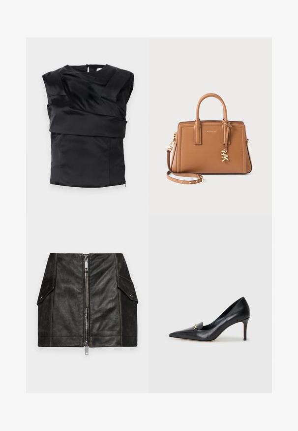 Kremowy sweter z długim rękawem z dzianiny, z okrągłym dekoltem oraz prążkowanymi mankietami i dołem, ułożony na płasko na białym tle.; Czarna satynowa bluzka o strukturalnym kroju, z szerokimi ramionami i asymetrycznym panelem z przodu, zapinana na zamek z tyłu.; Czarna skórzana mini spódnica z zamkiem błyskawicznym z przodu, dwoma kieszeniami po bokach i gładką fakturą. Posiada wzmocnione szwy i usztywnioną konstrukcję.; Czarny skórzany czórek na wysokim obcasie z ostrym noskiem, niskim przodem i dekoracyjnym złotym akcentem. Posiada szpilkowy obcas oraz gładką fakturę.; Brązowa skórzana torebka z podwójnymi uchwytami, odczepianym paskiem, złotym charms'em "MK" i logo Michaela Korsa z przodu.