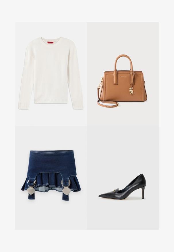 Kermanvärinen pitkähihainen neulepaita, jossa on pyöreä kaula-aukko ja ribbineuleiset hihansuut ja helma, asetettuna tasaiselle valkoiselle taustalle.; Denim-hame, jolla on levenevä alaosa. Varustettu kahdella säädettävällä harmaalla kiinnittimellä, tummansininen väri ja kontrastiväriset ompeludetailit helman ympärillä.; Musta nahkainen korkokenkä, jossa on terävä kärki, matala leikkaus ja koristeellinen kultainen yksityiskohta. Varustettu stilettokannalla ja sileällä pinnalla.; Ruskea nahkakäsilaukku, jossa on tuplakahvat, irrotettava olkahihna, kultainen "MK" -koriste ja Michael Korsin logo edessä.