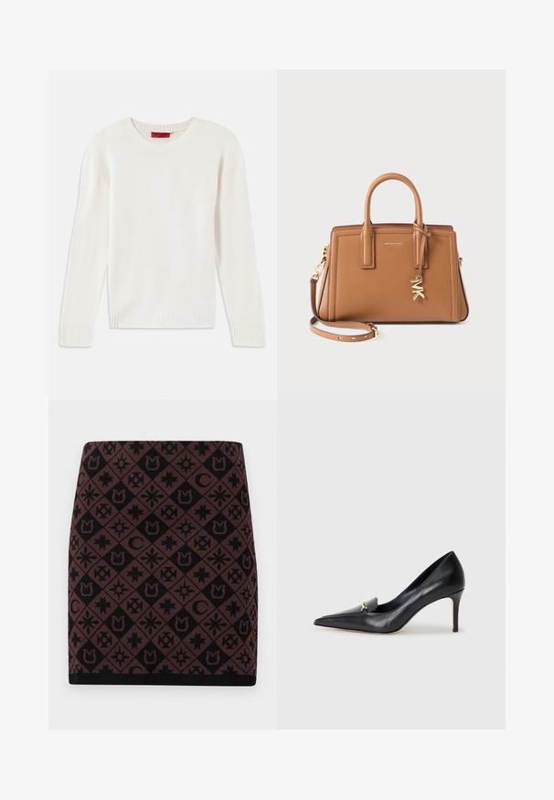Suéter de punto de manga larga color crema con cuello redondo y puños y dobladillo acanalados, dispuesto plano sobre un fondo blanco.; Falda de punto con un patrón geométrico en negro y marrón con varios símbolos, de corte ajustado y una cinturilla negra en el dobladillo.; Zapato de piel negra con punta afilada, escote bajo y un detalle decorativo dorado. Cuenta con un tacón de aguja y textura suave.; Bolso de cuero marrón con asas dobles, correa desmontable, charm en tono dorado con "MK" y el logo de Michael Kors en la parte frontal.