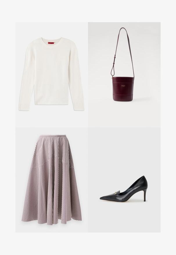 Kermanvärinen pitkähihainen neulepaita, jossa on pyöreä kaula-aukko ja ribbineuleiset hihansuut ja helma, asetettuna tasaiselle valkoiselle taustalle.; Hame stripe-pitkissä valkoisissa ja burgundinvärisissä viivoissa, jossa on leveä muoto ja kokoontuva rakenne vyötäröllä, valmistettu kevyestä kankaasta.; Musta nahkainen korkokenkä, jossa on terävä kärki, matala leikkaus ja koristeellinen kultainen yksityiskohta. Varustettu stilettokannalla ja sileällä pinnalla.; Claudie Pierlot Olkalaukku - bordeaux