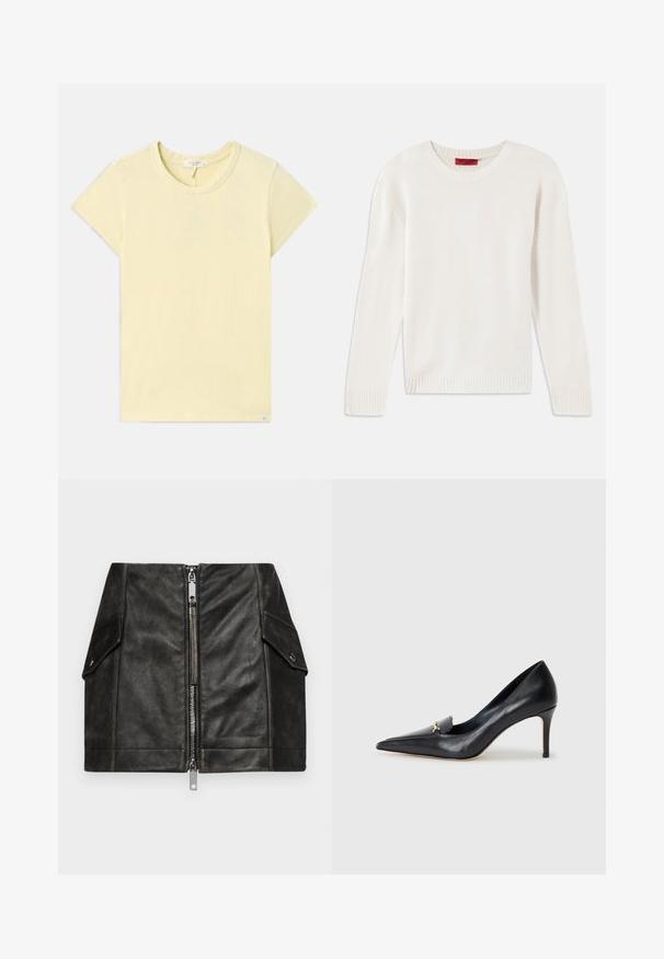 Cream-colored long-sleeve knit sweater with crew neck and ribbed cuffs and hem, laid flat on a white background.; Light yellow short-sleeve t-shirt with a round neckline, soft texture, standard fit, and a small brand tag near the hem.; Black leather mini skirt with a front zipper, two side pockets, and a smooth texture. Features reinforced seams and a structured design.; Black leather pump with a pointed toe, low-cut vamp, and a decorative gold accent. Features a stiletto heel and smooth texture.