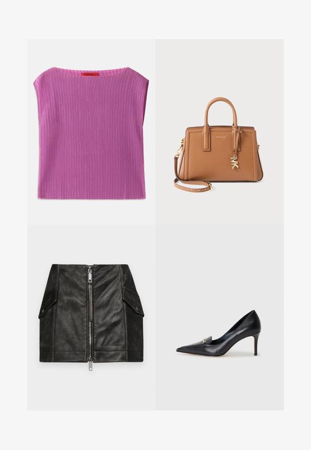 Krémový pletený svetr s dlouhým rukávem, kulatým výstřihem a žebrovanými manžetami a lemem, rozložený na bílém pozadí.; Texturovaný bezrukávový top v světle růžové barvě, s kulatým výstřihem a vertikálním proužkovaným vzorem. Na zadní straně viditelná visačka se jménem značky.; Černá kožená mini sukně s předním zipem, dvěma bočními kapsami a hladkou texturou. Obsahuje zpevněné švy a strukturovaný design.; Černé kožené lodičky s špičatou špičkou, nízkým svrškem a dekorativním zlatým akcentem. Mají jehlový podpatek a hladkou texturu.; Hnědá kožená kabelka s dvojitými uchy, odnímatelným popruhem, zlatým přívěskem "MK" a logem Michael Kors na přední straně.