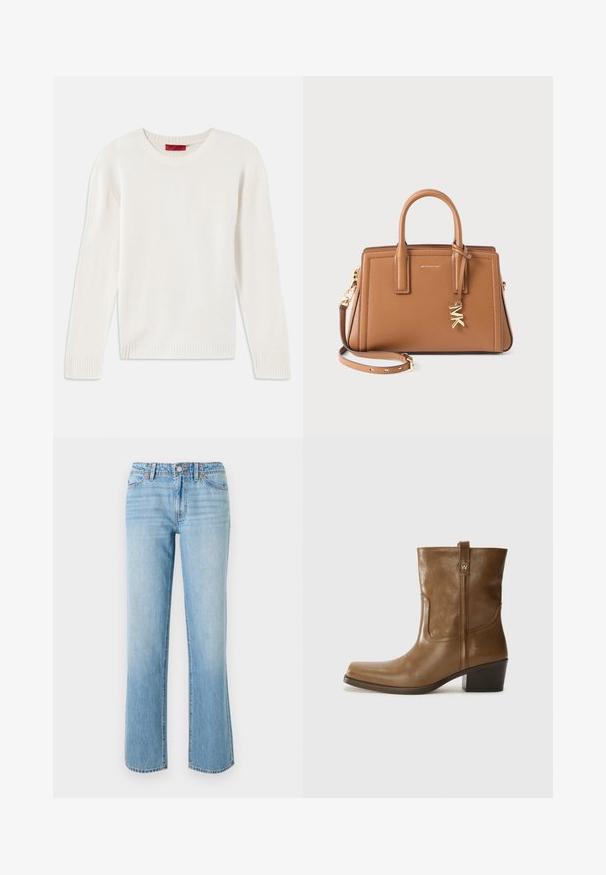 Cream-colored long-sleeve knit sweater with crew neck and ribbed cuffs and hem, laid flat on a white background.; RE/DONE THE SANASA - Relaxed fit jeans - media noche; Brown leather ankle boot with a square toe, textured finish, and a low stacked heel. Features a rear pull tab and subtle stitching details.; Brown leather handbag with double handles, detachable strap, gold-tone "MK" charm, and Michael Kors logo on front.
