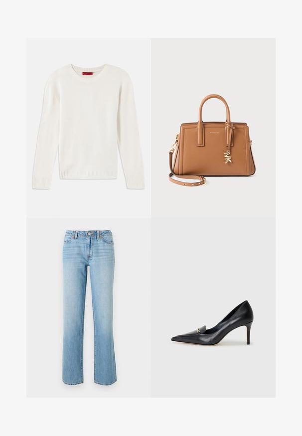 Kreemivalge pika varrukaga kudumispull, ringkaelusega, soonikkoes mansettide ja hemiga, asetatud tasasele valgele taustale.; RE/DONE THE SANASA - Avar lõikega teksad - media noche; Mustmust musta kinga terava nina, madala lõikega vamp ja dekoratiivne kuldne aksessuaar. Omab stilettokandikut ja sileda tekstuuri.; Pruun nahkainen käsihoidikuga käekott, eemaldatav rihm, kullatooniline "MK" ripats ja Michael Korsi logo ees.