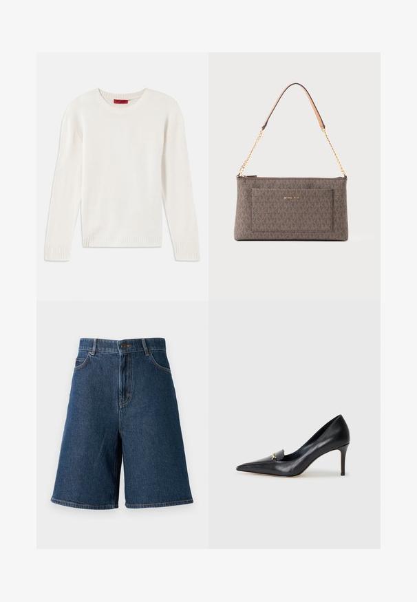 Pull en tricot à manches longues de couleur crème, avec col rond et poignets et ourlet côtelés, posé à plat sur un fond blanc.; Shorts en denim bleu foncé avec taille haute, cinq poches et une coupe droite. Comprend des coutures visibles et une fermeture à boutons sur le devant.; Escarpin en cuir noir avec un bout pointu, un décolleté bas et un ornement doré décoratif. Doté d'un talon aiguille et d'une texture lisse.; Sac rectangulaire marron de Michael Kors avec motif logo répété, chaîne dorée avec coussinet en cuir pour l'épaule, et poche avant avec le nom de la marque.