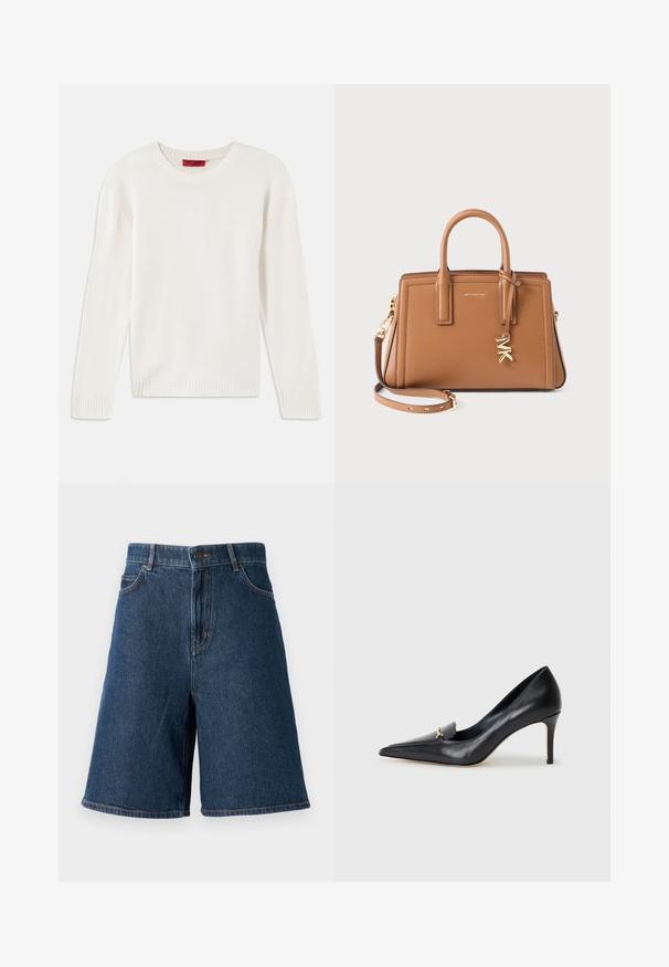 Pull en tricot à manches longues de couleur crème, avec col rond et poignets et ourlet côtelés, posé à plat sur un fond blanc.; Shorts en denim bleu foncé avec taille haute, cinq poches et une coupe droite. Comprend des coutures visibles et une fermeture à boutons sur le devant.; Escarpin en cuir noir avec un bout pointu, un décolleté bas et un ornement doré décoratif. Doté d'un talon aiguille et d'une texture lisse.; Sac à main en cuir marron avec doubles poignées, bandoulière amovible, charme en métal doré "MK" et logo Michael Kors à l'avant.