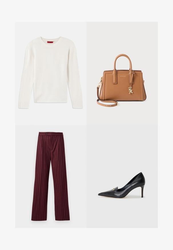 Crèmekleurige gebreide trui met lange mouwen, ronde hals en ribgebreide manchetten en zoom, plat gelegd op een witte achtergrond.; Bordeaux wijde broek met een streepjespatroon, geplooide voorkant en knoopsluiting, gemaakt van een gladde stof met een gestructureerd ontwerp.; Zwarte leren pump met een spitse neus, lage vamp en een decoratieve gouden accent. Voorzien van een stilettohak en een gladde textuur.; Bruine leren handtas met dubbele handvatten, afneembare schouderband, goudkleurige "MK" charme en het Michael Kors logo op de voorkant.