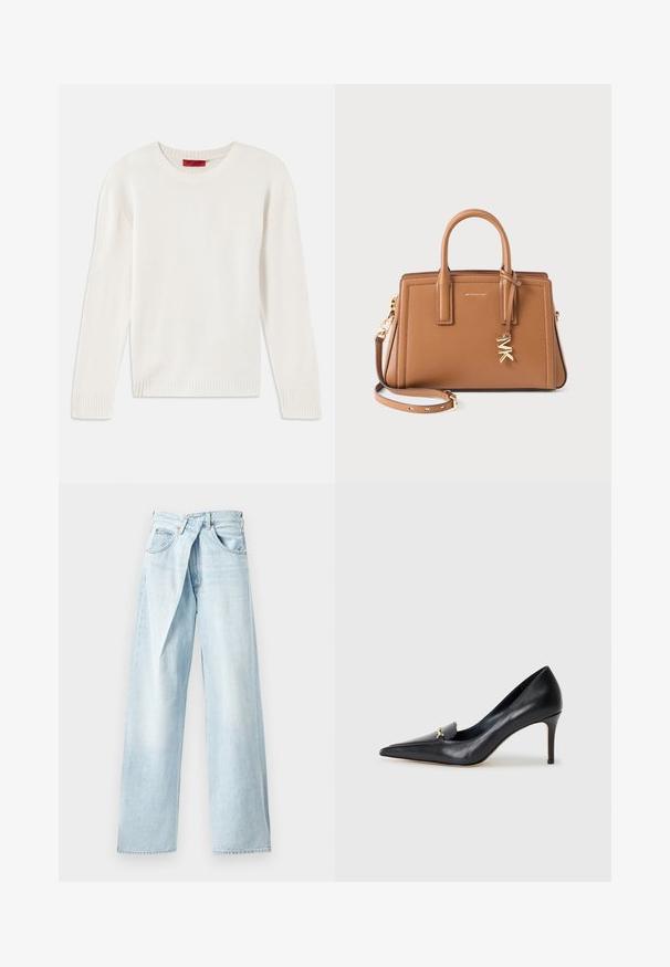 Kreminės spalvos ilgomis rankovėmis megztinis su apvaliu kaklu, su raukšlėmis ant rankovių ir apačios, padėtas ant balto fono.; Šviesiai mėlyni plačių kojų džinsai, pagaminti iš džinsinio audinio, su unikaliu kryžminiu juosmeniu ir penkių kišenių dizainu. Lygi tekstūra ir tiesūs pjūviai.; Juodas odinis aukštakulnis batelis su smailiu pirštu, žemu iškirpimu ir dekoratyviu auksiniu akcentu. Yra stiletto kulnas ir glotnus paviršius.; Ruda odinė rankinė su dvigubomis rankenėlėmis, nuimamu dirželiu, auksinės spalvos "MK" pakabuku ir Michael Kors ženklu priekyje.