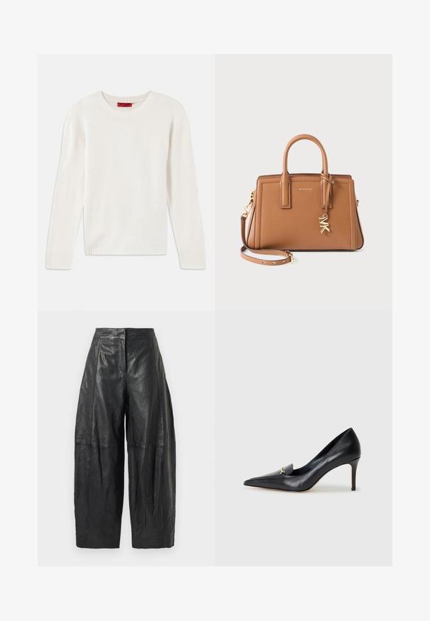 Kremowy sweter z długim rękawem z dzianiny, z okrągłym dekoltem oraz prążkowanymi mankietami i dołem, ułożony na płasko na białym tle.; Czarne skórzane spodnie typu wide-leg z wysokim stanem, z delikatnymi szwami i gładką teksturą. Skrócona długość do połowy łydki.; Czarny skórzany czórek na wysokim obcasie z ostrym noskiem, niskim przodem i dekoracyjnym złotym akcentem. Posiada szpilkowy obcas oraz gładką fakturę.; Brązowa skórzana torebka z podwójnymi uchwytami, odczepianym paskiem, złotym charms'em "MK" i logo Michaela Korsa z przodu.