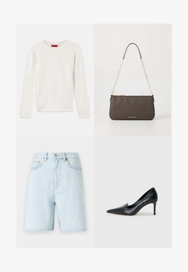 Kremkrāsas garu piedurkņu adīts džemperis ar apaļu kakla izgriezumu un ribotām aprocēm un apakšmalu, izplatīts uz baltā fona.; Gai zili džinsi ar augstu jostasvietu, piecu kabatu dizainu un misiņa pogas aizdari. Iezīmējas ar smalku šuvumu un neapstrādātiem malām.; Melnas ādas sūkņi ar norādītu pirkstu, zemu griezumu un dekoratīvu zelta akcentu. Iezīmējas ar stiletto papēdi un gludu tekstūru.; Brūns monogrammēts ādas soma ar zelta ķēdes siksnu, rāvējslēdzēja aizdari un plakanu, taisnstūrveida formu. Priekšpusē ir redzams logotips ar iepresēšanu.