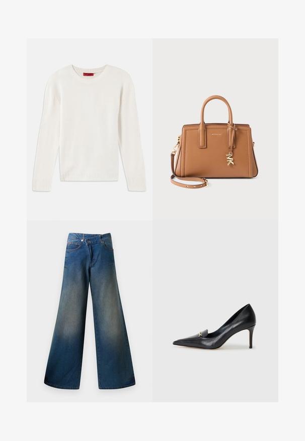 Krem boje duga majica od pletene tkanine s izrezom u obliku okruglog vrata, s rebrastim manžetama i rubom, položena ravno na bijeloj pozadini.; Kovrčave plave traperice širokih nogavica, izrađene od traper materijala, s blago izblijedjelim završetkom, vidljivim šavovima, dva prednja džepa i zatvaranjem na dugme.; Crne kožne štikle s oštrim vrhom, niskim dekolteom i dekorativnim zlatnim naglaskom. Imaju štiklu i glatku teksturu.; Smeđa kožna torba s dvostrukim ručkama, odvojivim remenom, zlatnim "MK" privjeskom i logotipom Michael Kors na prednjem dijelu.