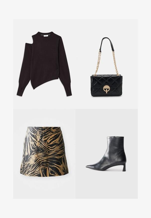 Črn pleteni pulover z asymetričnim dizajnom, ki ima raztrgan ramenski del, dolge rokave in izreze na manšetah.; Črna in zlatna krila z vzorcem zebre, izdelana iz gladkega materiala, s prilegnjeno obliko in visokim pasom.; Črne usnjene gležnjarje s šiljastim nosom in elegantnim dizajnom. Imajo nizko peto in zadrgo na zadnji strani. Gladka tekstura.; Črna prešita usnjena torbica z zlatim verižnim ročajem, ki vsebuje okroglo zapiralno podrobnost. Kompaktna pravokotna oblika z gladko teksturo.