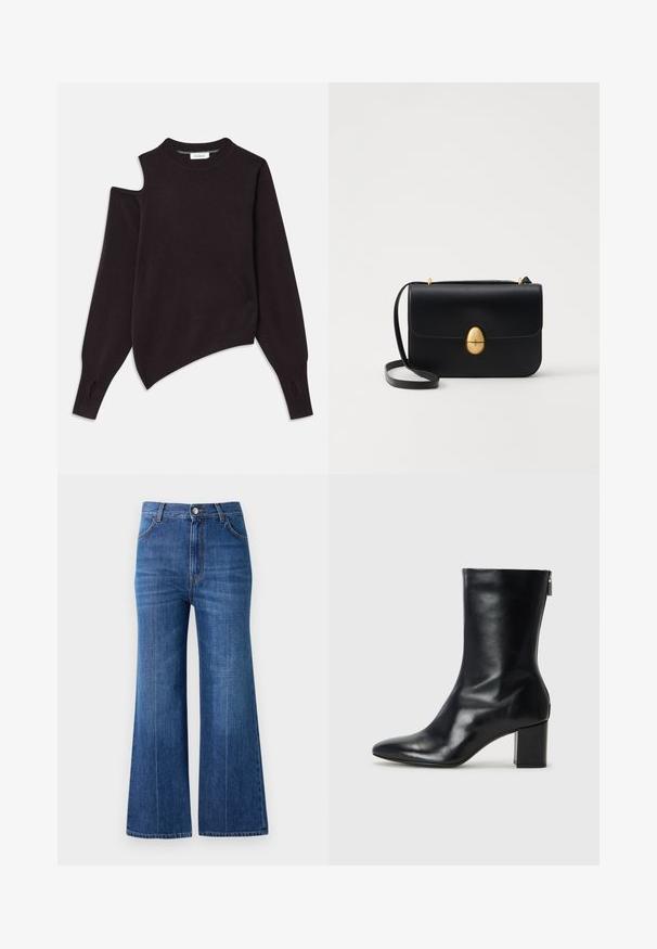 Čierny pletený sveter s asymetrickým dizajnom, s vystrihnutým ramenom, dlhými rukávmi a výrezmi na manžetách.; Široké nohavice z tmavomodrého denimu, so zvýšeným pásom, jemným opotrebovaním a klasickým dizajnom s piatimi vreckami. Šité s kontrastnou niťou.; Čierne kožené členkové topánky s špicatou špičkou a blokovým podpätkom vysokým 4 cm. Elegantný dizajn obsahuje bočný zips pre jednoduché obúvanie. Hladká textúra.; Čierna kožená kabelka so štruktúrovaným obdĺžnikovým tvarom. Obsahuje zlaté oválne zapínanie a tenký ramenný popruh. Hladká textura.