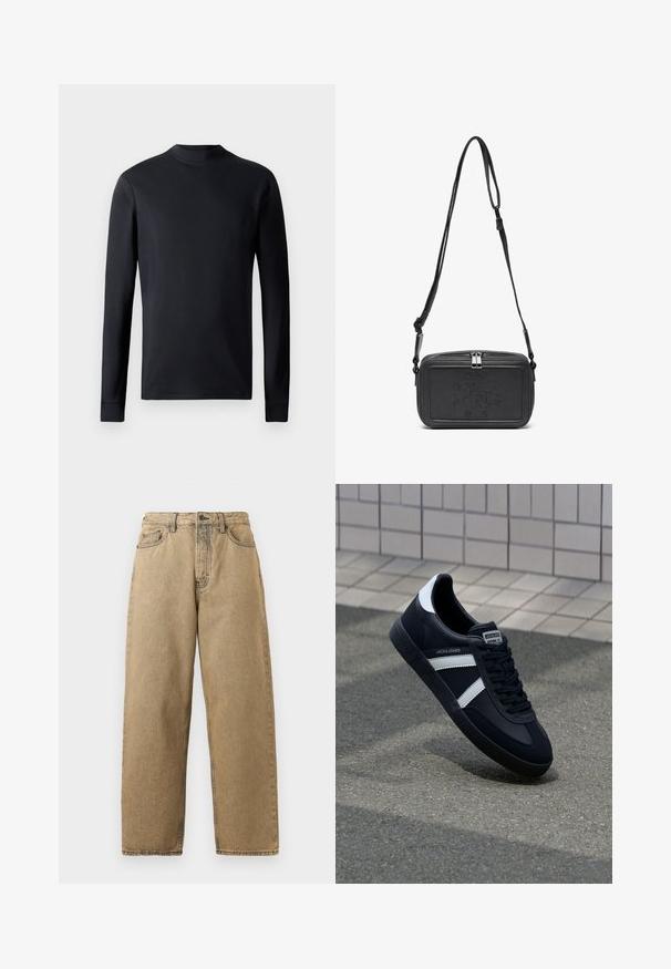Long-sleeve black shirt made of smooth fabric featuring a crew neckline and fitted cuffs. Simple design without patterns or embellishments.; Tan denim jeans with a straight leg design, featuring a zip fly, belt loops, and contrast stitching. No notable patterns or hardware details.; Black leather sneaker with white stripes, textured rubber sole, and lace-up front. Features a branded label on the tongue.; Black leather crossbody bag with a zip closure, embossed logo on the front, and adjustable strap. Smooth texture with a rectangular shape.