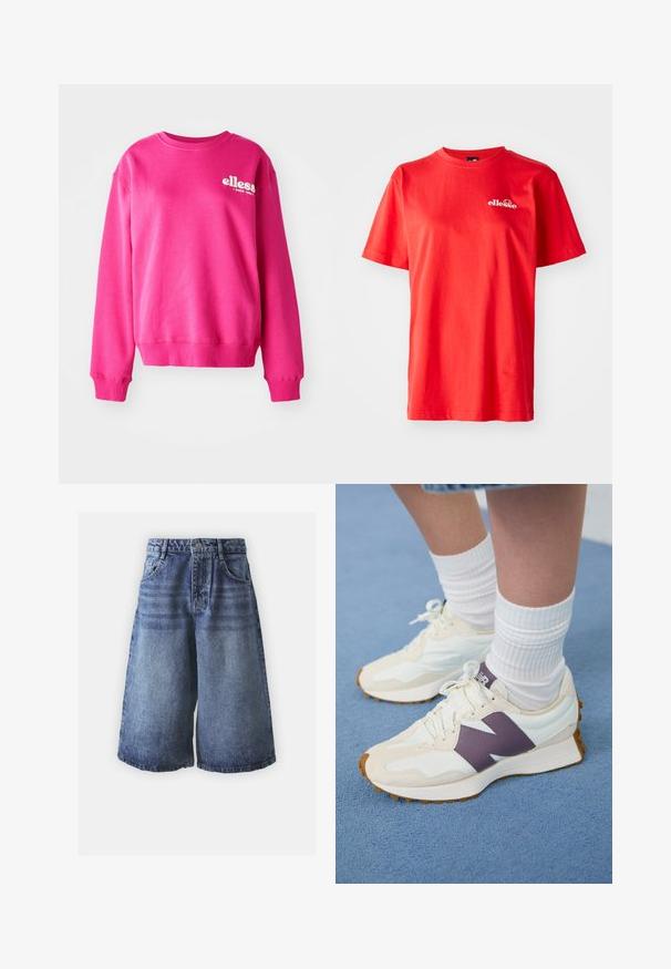 Rózsaszín pulóver puha, texturált anyagból, kerek nyakkivágással és hosszú ujjak. Elöl fehér logó található.; Vörös pamut póló rövid ujjakkal, kerek nyakkal és egy kis fehér logóval a mellkasán. Simaság jellemzi, klasszikus fazonban.; Világoskék és sötétkék árnyalatú denim rövidnadrág, klasszikus öt zsebes dizájnnal, gombos zipzárral és széles szárakkal.; Krém és lila sportcipők, textúrált bőrkiképzéssel, lekerekített orral és fehér fűzőkkel, fehér bordázott zoknikkal párosítva.
