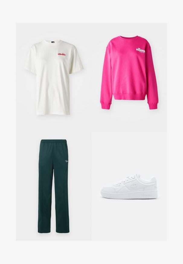 Ružová mikina vyrobená z mäkkého, textúrovaného materiálu, s okrúhlym výstrihom a dlhými rukávmi. Na prednej strane má biele logo.; Biely bavlnený tričko s okrúhlym výstrihom a krátkymi rukávmi; malé červené logo "ellesse" na ľavej strane hrude; hladká textúra.; Tmavozelené tepláky vyrobené z mäkkej tkaniny, vybavené elastickým pásom a bočnými švami, s malým logom na prednej strane.; Biele tenisky vyrobené z hladkého syntetického materiálu, s okrúlou špičkou, plochou podrážkou a jemnými logovými detailmi po stranách. Klasický nízky strih.