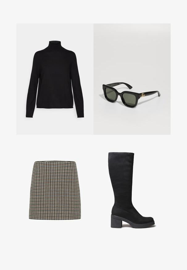 Pull en col roulé noir en tissu doux et extensible, avec des manches longues et une coupe décontractée. Texture lisse, design minimaliste, sans motifs.; Jupe mini à carreaux en noir, brun et crème. Forme structurée avec une taille haute. Texture de tissu douce avec un motif à grille uniforme.; Bottine noire en suede jusqu'au genou avec un large talon bloc et un embout arrondi, conçue pour la mode automnale ou hivernale.; Lunettes de soleil noires rectangulaires avec des verres vert foncé. Dotées d'une monture en plastique brillant et d'accents en or sur les côtés.; Sac fourre-tout en cuir blanc avec une forme structurée, des coutures marquées, une étiquette en matériel doré et deux poignées. Surface texturée avec des poches latérales.