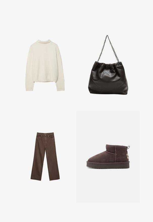 Maglione dolcevita color crema, realizzato in morbido materiale a maglia, con maniche lunghe e una vestibilità rilassata, caratterizzato da polsini e orlo a coste.; Jeans a gamba larga marroni in denim, con vita alta, tasche anteriori e chiusura a bottone classica. Tessuto liscio con cuciture sottili.; Stivaletto in camoscio marrone con punta arrotondata, cuciture minime e suola in gomma testurizzata. Presenta un piccolo pannello sul retro per aiutare a indossarlo e un'etichetta del marchio.; Borsa in pelle marrone con parte superiore arricciata e tracolla a catena. Texture liscia con finitura lucida e dettagli di cucitura sottili sui lati.