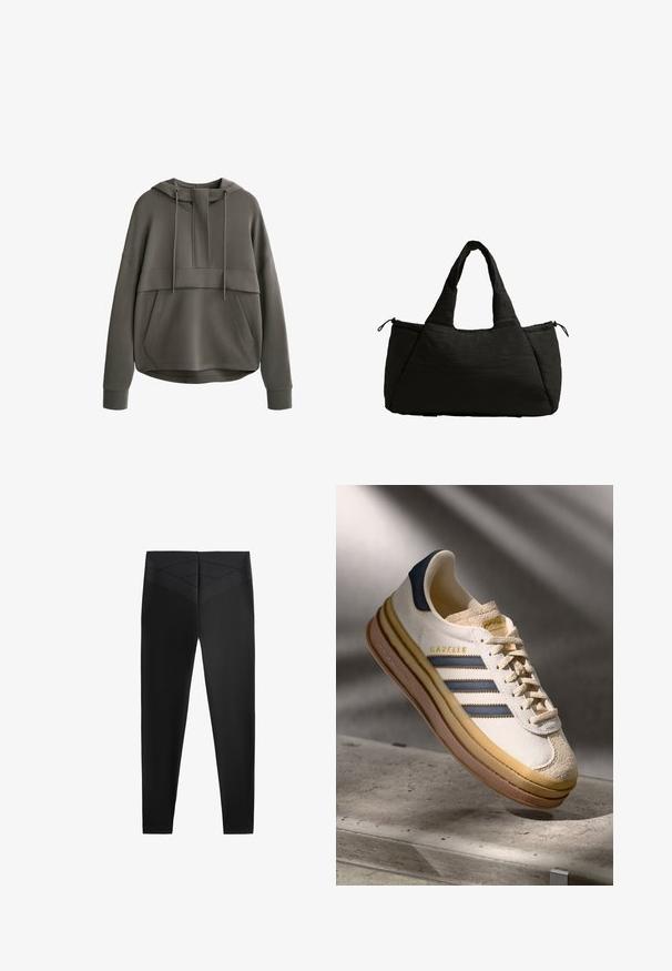 Olivengrøn hoodie med en frontlomme, brede ærmer og en justerbar snor i hætten. Har et lagdelt design og en glat tekstur.; Sorte atletiske leggings med en glat tekstur, der har en bred talje og et diagonalt teksturmønster nær taljen for ekstra design detaljer.; Adidas Gazelle sneaker med en creme farvet ruskindsoverdel, blå læderdetaljer, tre blå striber, beige mellemsål og brune gummisål.; Sort tote bag med en puffet tekstur, der har to korte håndtag og en sidelomme, der er sikret med en snor. Enkel, kantet design.