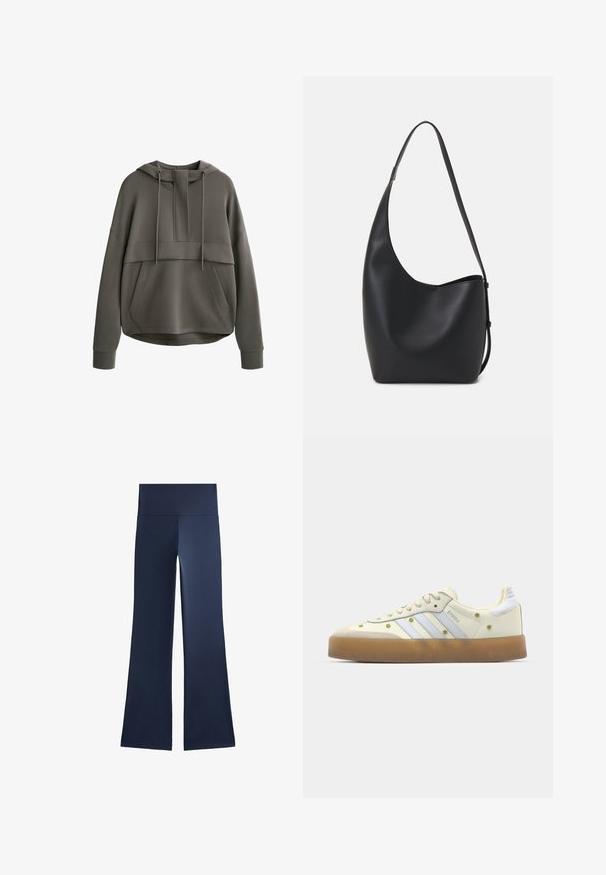 Oliwkowa bluza z kapturem z przednią kieszenią, szerokimi rękawami i regulowanym kapturem na sznurki. Posiada warstwowy design i gładką fakturę.; Granatowe spódnice dzwony wykonane z elastycznego materiału; mają wysoki, szeroki pas i gładką fakturę, bez wzorów czy widocznych elementów hardware.; Kremowe sneakersy z jasnoniebieskimi paskami, kauczukową podeszwą oraz dekoracyjnymi żółtymi kwiatowymi akcentami na górnej części. Okrągły design czubka.; Czarna skórzana torba hobo o gładkiej fakturze, zaokrąglonym kształcie i pojedynczym, regulowanym pasku; posiada szerokie otwarcie na górze.
