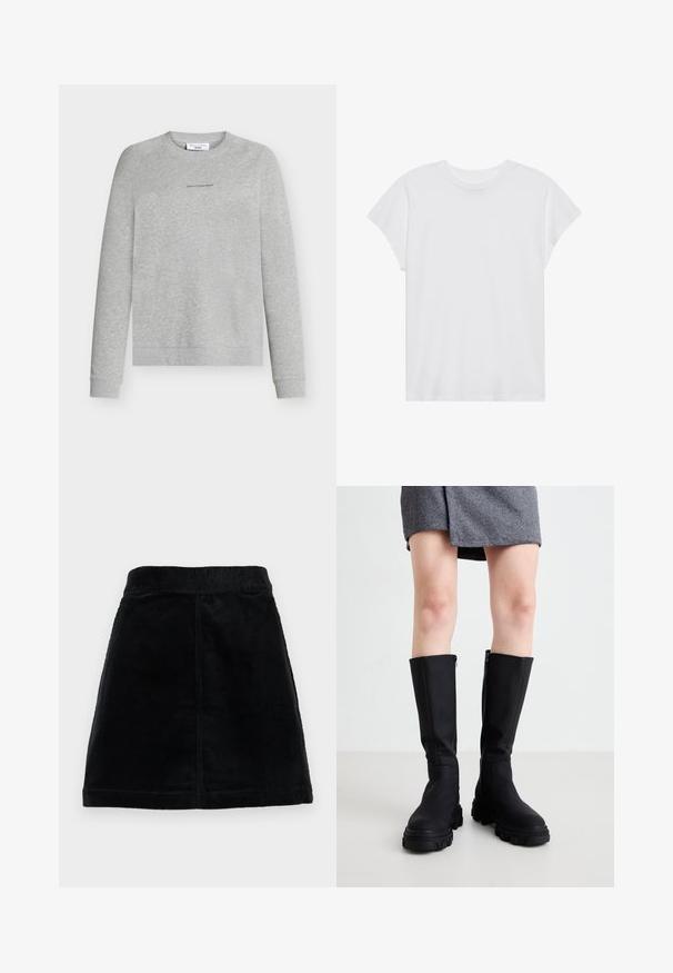 Bluza gri dintr-un amestec moale de bumbac, cu guler rotund, mâneci lungi și un logo subtil pe piept. Textură netedă și croială lejeră.; Tricou scurt alb, cu mânecă scurtă și guler rotund, cu o croială relaxată, realizat dintr-un material din bumbac moale. Textură netedă, fără modele sau logo-uri.; Fustă din bumbac corduros de culoare neagră, cu talie ajustată, croi drept și țesătură texturată cu nervuri verticale. Fără închideri sau accesorii vizibile.; Botine negre până la genunchi cu un finisaj neted, talpă groasă și un fermoar discret pe lateral. Asortate cu stil cu o fustă gri cu model herringbone.